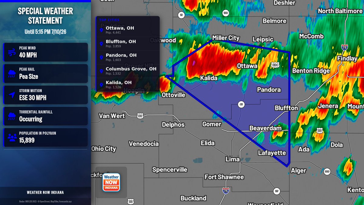 wxnowIndiana's tweet photo. A Special Weather Statement has been issued for Putnam, Allen | Torrential Rain: Occurring | until 5:15 PM 7/10/26 | Hail: 0.25 inches | Wind: 40 MPH https://t.co/VWbzxnqYoc