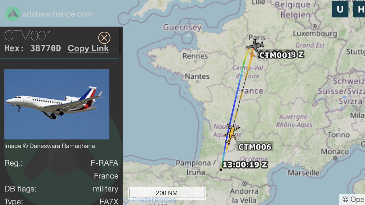 CotamFleet's tweet photo. 🚴 🛩️ 🚁 🇫🇷 Fin d’étape pyrénéenne. Le Falcon 7X F-RAFA #CTM001 remonte du Sud-Ouest vers Villacoublay, l’hélicoptère #CTM006 sur la même route quelques centaines de km derrière.

@EmmanuelMacron achevait ce vendredi sa visite à Loudenvielle, au lendemain de l’étape Pau–Gavarnie du Tour.

https://t.co/QRxM4Uptvf