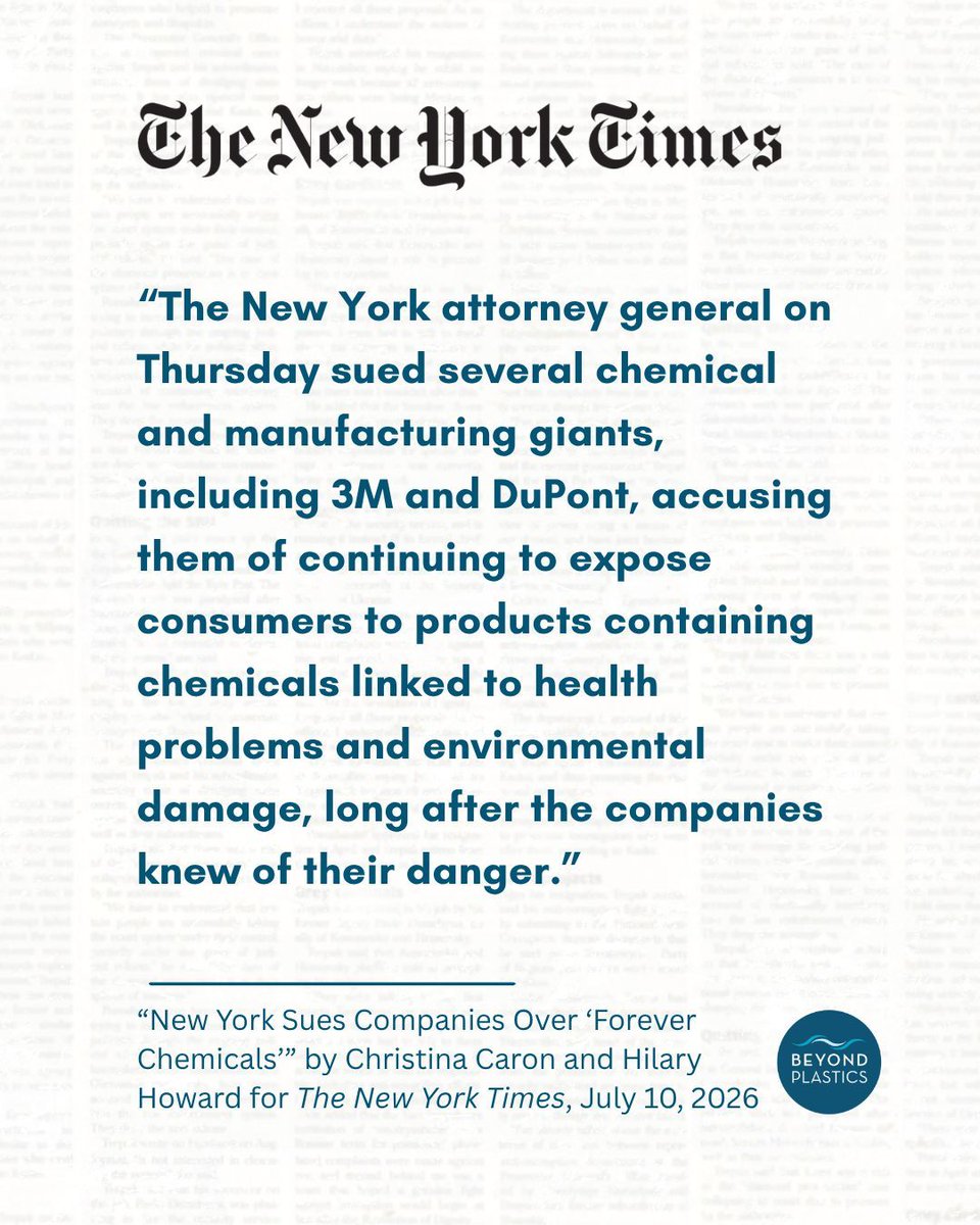 PlasticsBeyond's tweet photo. BREAKING NEWS: New York Attorney General sues major chemical companies over PFAS

“‘There’s a very well-documented body of science that these chemicals cause serious health harm,’” Beyond Plastics Founder Judith Enck tells The New York Times. “‘This is a blockbuster legal action that should hold these companies accountable for the immense harm caused by their products.’”

“Big companies like 3M and DuPont knowingly sold toxic products that threatened New Yorkers’ health and polluted our environment for decades. It’s time for them to pay for the damage they caused,”  Attorney General Letitia James said in a press release.

“For far too long, our communities have unfairly shouldered the costs of protecting people from these toxic forever chemicals and cleaning up their contamination. I look forward to ensuring the companies responsible for PFAS pollution are held accountable.”

Read more: https://t.co/hvlrKCgHOR