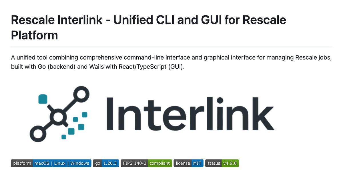 RescaleInc's tweet photo. Move simulation data between your desktop and the cloud faster with Rescale Interlink. This open-source hybrid CLI and GUI tool allow engineers to manage files and jobs on Rescale from one lightweight application.

FIPS 140-3 compliant and available on Windows, Mac, and Linux, Interlink supports multithreaded parallel transfers, a visual file browser, auto-download of completed job results, and full job submission.

For engineers working in cloud HPC, data movement and job tracking can eat up time across every simulation campaign. Interlink consolidates those tasks into a single tool that works from both the command line and a desktop GUI.

The file browser lets engineers navigate local and Rescale storage side by side, while auto-download monitors completed jobs and pulls results to a designated folder without manual intervention. It is open source on GitHub, actively community-contributed, and already in production use at enterprise engineering organizations.

Explore the public repo and try it: https://t.co/CqqVlKgnX0

#DigitalEngineering #CloudHPC #SimulationWorkflows #OpenSource #EngineeringProductivity
