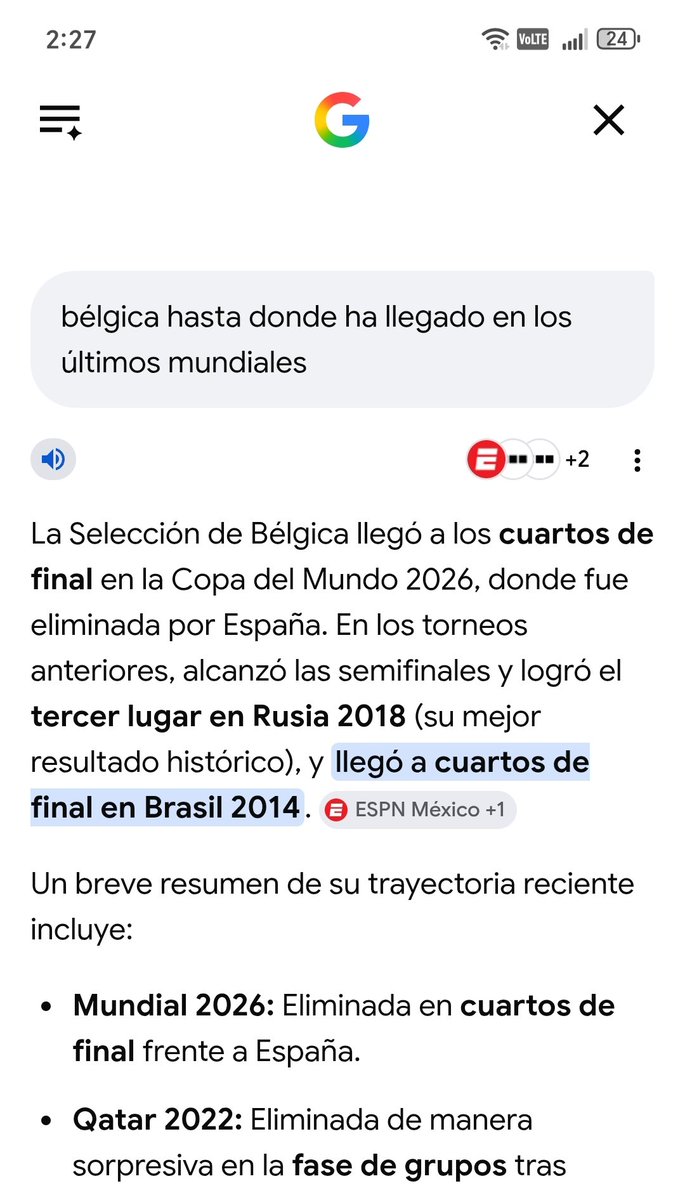 JahelSalim's tweet photo. ¿Qué onda con #Google?

Estoy en Guadalajara, México, son las 2:28 PM y estoy viendo el segundo tiempo del España Vs Bélgica y van 1 a 1. Justo están en la pausa de hidratación. 

Le pregunto a Google hasta dónde ha llegado Bélgica en los últimos mundiales y esto contestó: https://t.co/E7xnEAKj2k