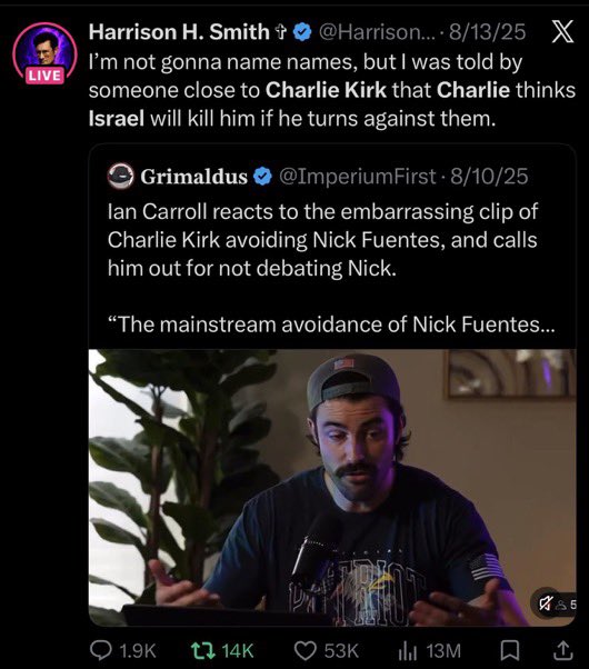FroemelAndy's tweet photo. @MrsErikaKirk No one is investigating that a journalist said someone told him Charlie Kirk feared he would be killed if he turned on Israel and a month later he was? https://t.co/28KRdWARwB