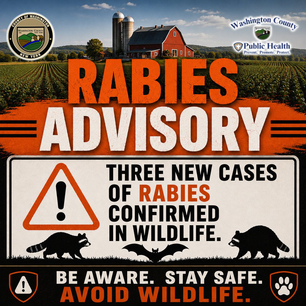 WashingtonCoPH's tweet photo. RABIES ADVISORY: RESIDENTS ENCOURAGED TO BE AWARE AND USE CAUTION FOLLOWING INCREASE IN RABIES CASES https://t.co/yQYriC7Ngo https://t.co/jjECTsMtmk