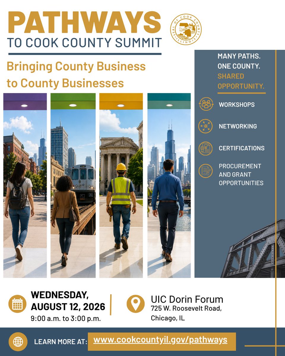 cookcountygov's tweet photo. Many paths. One County. Shared opportunity. 🌉 

Entrepreneur, contractor, or established firm — there's a path for you at the Pathways to Cook County Summit. 

✔️Free 
🗓️Aug 12 
📍UIC Dorin Forum. 

Sign up today: https://t.co/mT7kyWf4d6 

#PathwaysToCookCounty https://t.co/ZH1hYuHSj8