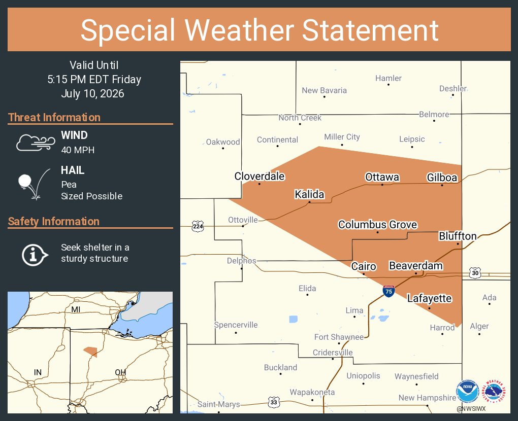 NWSIWX's tweet photo. A special weather statement has been issued for Ottawa OH, Bluffton OH and  Columbus Grove OH until 5:15 PM EDT https://t.co/Tuq9LH5bFI