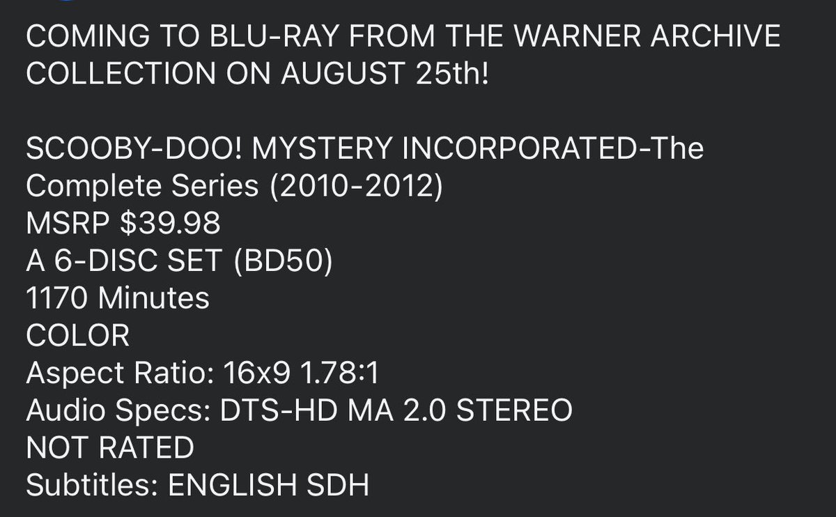 daveleedwnundr's tweet photo. The @WarnerArchive kills it again!! Long-demanded on Blu-ray, the spectacular ‘Scooby-Doo: Mystery Incorprrated’ hits the format this August!! https://t.co/1YjenIFrDw
