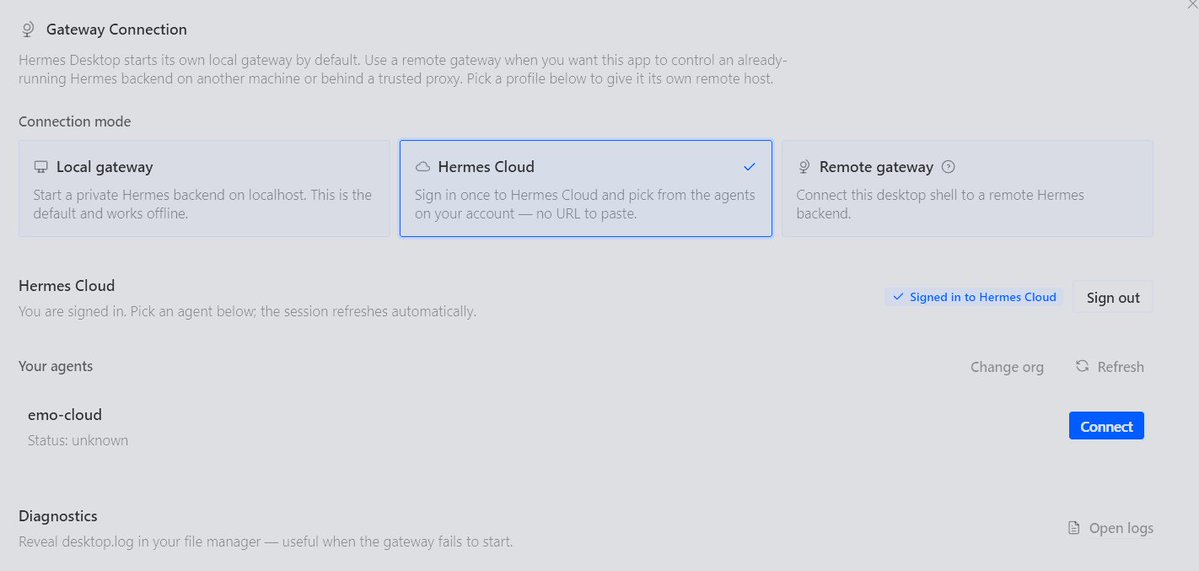 Teknium's tweet photo. If you have Hermes Cloud instances on Nous Portal, your desktop app will now auto-detect it to make it easy to connect to your remote agent!

Update your desktop app to give it a try! https://t.co/yRZM3TkeXd