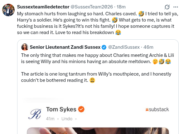ToniSmith_UK's tweet photo. The absolute desperation of calling a total public quarantine 'winning.' They traveled on the King's schedule, complied with the King's rules, sat in a room with Queen Camilla, and were denied a single pixel of media currency. If getting completely de-platformed from the public eye for an afternoon is a victory, let's hope they keep 'winning' exactly like this. 👑🤫