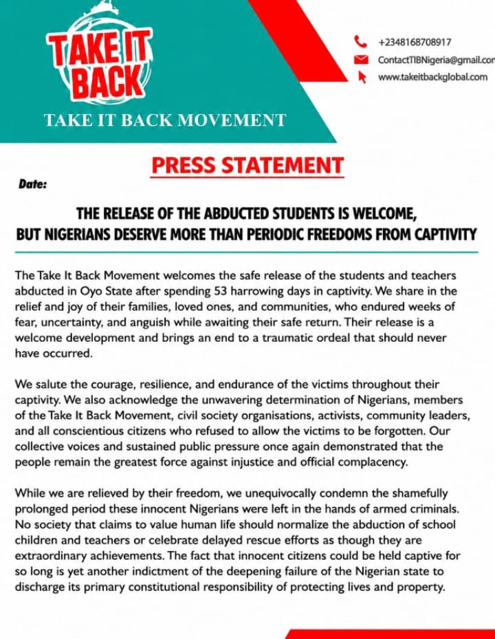 TIBmovement's tweet photo. THE RELEASE OF THE ABDUCTED STUDENTS IS WELCOME, BUT NIGERIANS DESERVE MORE THAN PERIODIC FREEDOMS FROM CAPTIVITY
#EndInsecurityNow
#RevolutionNow https://t.co/k2D9QbJuJq