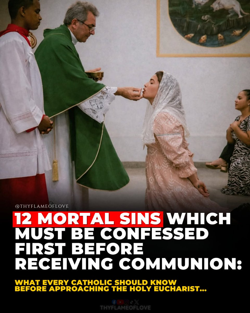 thyflameoflove's tweet photo. 12 Serious (Mortal) Sins That Must Be Confessed Before Receiving Holy Communion 👇

Receiving Jesus in Holy Communion is not a reward for attending Mass. It is not a right or a prize. The Eucharist is Jesus Himself. Because of that, the Church teaches that we should receive Him with reverence and with a soul in the state of grace.

At the Last Supper, Jesus made this clear when Peter resisted being washed.

Jesus answered him, “If I do not wash you, you have no part in me.”
(John 13:8)

Before giving the Eucharist, Jesus spoke about being clean, pointing to something deeper than washing feet. Our souls must be purified from serious sin before receiving Him.

St. Paul warned the early Christians about this as well:
→ “Whoever eats the bread or drinks the cup of the Lord in an unworthy manner will be guilty of profaning the body and blood of the Lord.”
(1 Corinthians 11:27)

Because of this, the Church teaches that anyone aware of committing a mortal sin must first go to Confession before receiving Holy Communion.

A sin is mortal when three things are present:
→ Grave matter – the act itself is seriously wrong.
→ Full knowledge – the person knows the act is seriously sinful.
→ Deliberate consent – the person freely chooses to do it.

If someone knowingly commits one of the following grave sins and has not gone to Confession, they should not receive Holy Communion yet.

Here are some examples.

1. Missing Sunday Mass or a Holy Day of Obligation without a serious reason
→ Choosing sports, shopping, sleep, or entertainment over Mass.

2. Sexual sins
→ Sexual sins such as masturbation, pornography, or sexual acts outside marriage

3. Living together as spouses without being married in the Church
→ Cohabiting and acting like husband and wife without a valid sacramental marriage.

4. Sacrilege against the Eucharist
→ Receiving Holy Communion while knowingly in mortal sin or deliberately disrespecting the Blessed Sacrament.

5. Using contraception
→ Such as pills, condoms, IUDs, patches, or other methods that deliberately block the gift of life.

6. Abortion
→ Having an abortion, encouraging one, or helping it happen.

7. Murder or the deliberate destruction of human life
→ Including euthanasia, violence, or serious abuse against others.

8. Serious injustice toward others
→ Unjust wages, corruption, false accusations, defamation, or abusing power at work or in authority.

9. Refusing to repay debts when you are able to do so

10. Stealing valuable property or money

11. Holding deep hatred or refusing to forgive someone

12. Grave sins driven by pride, greed, envy, or serious laziness

If we fall into mortal sin, the answer is not despair. The answer is Confession. God’s mercy is waiting there. The Sacrament of Reconciliation restores our soul so we can receive Jesus worthily again.

But knowingly receiving Communion while in mortal sin adds another serious sin: sacrilege.
The Eucharist is not ordinary bread. It is the living Jesus Christ.

If we truly believe that…
→ should we approach Him casually, or prepare our souls with the reverence He deserves?

💬 Do you think most Catholics today understand what it means to receive Communion in a state of grace?