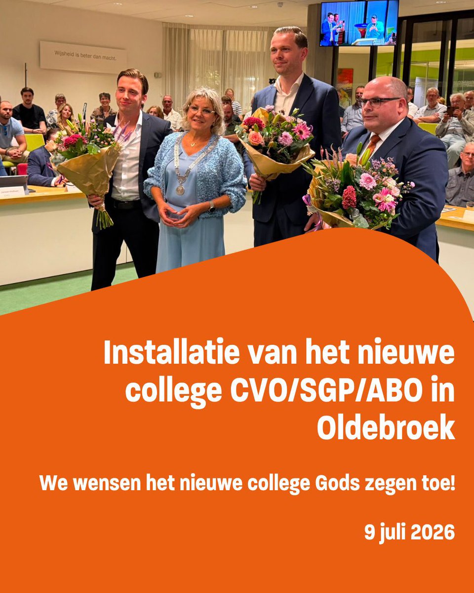 SGPOldebroek's tweet photo. Gisteravond, 9 juli 2026 is het nieuwe college in Oldebroek geïnstalleerd. Namens de SGP is Erik Doornwaard geïnstalleerd als wethouder.

We wensen het nieuwe college veel succes en bovenal Gods zegen toe! 

#Oldebroek #nieuwcollege https://t.co/PhmqScc9d8