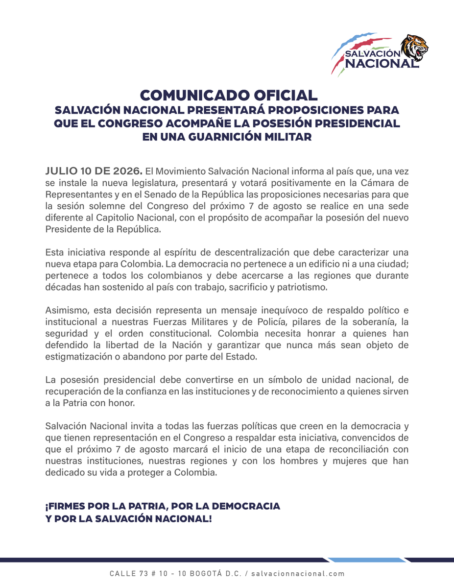 MovSalvacionNal's tweet photo. El próximo 7 de agosto debe marcar el inicio de una nueva etapa para Colombia.

Por eso, una vez se instale la nueva legislatura, presentaremos y respaldaremos las proposiciones para que el Congreso sesione en una sede diferente al Capitolio, acompañando la posesión presidencial. https://t.co/w0sAAMtgOe