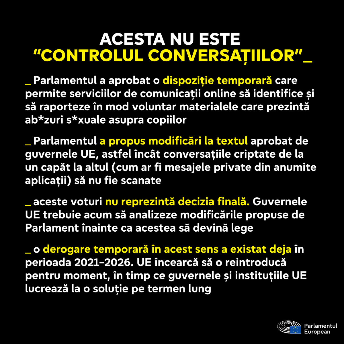 Europarl_RO's tweet photo. Lupta împotriva ab*zului s*xual asupra copiilor continuă. Dar nu în detrimentul vieții private.

PE susține reintroducerea unor norme temporare privind siguranța copiilor, protejând în același timp mesajele criptate. Decizia finală le revine guvernelor din UE.

(1/2) https://t.co/7UHownmqAS