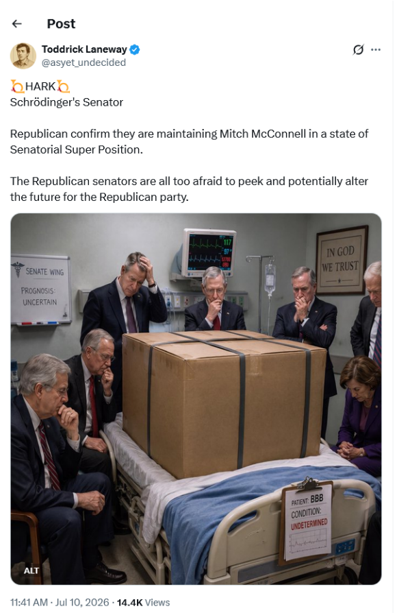 MsBeeSkep's tweet photo. Where is Mitch ?  Schrodingers Senator McConnell . https://t.co/oUSjg56MKT