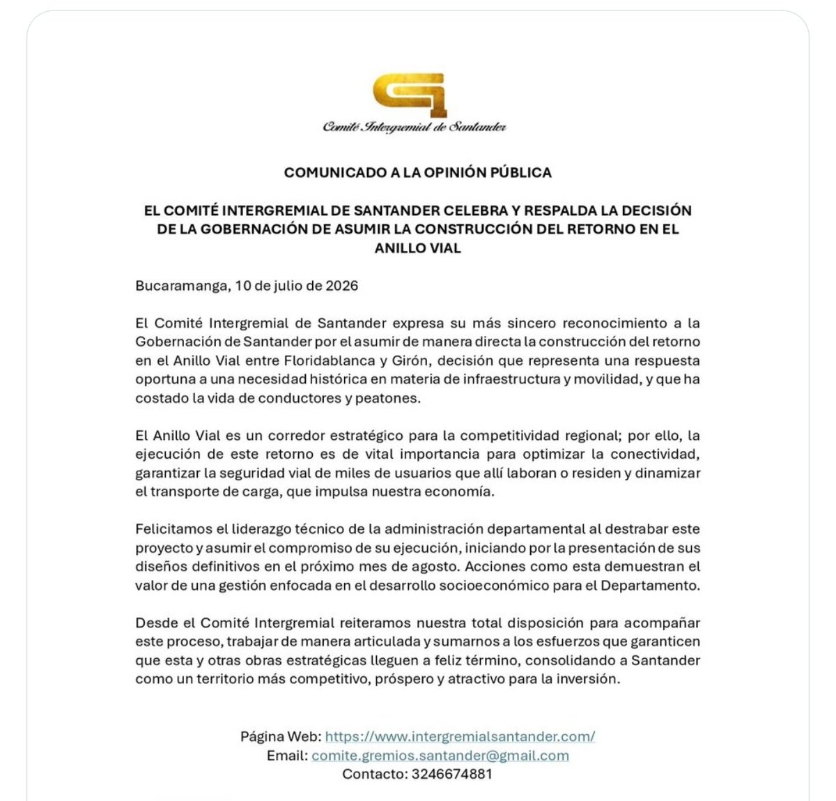 RevistaElPanor1's tweet photo. #Vias📰El Comité Intergremial de Santander @IntergremialSAN celebró y respaldó la decisión de la @GobdeSantander @GralJuvenalDiaz de asumir la construcción del retorno en el anillo vial.📰
@CCBucaramanga @pro_santander @fenalsander @CamacolS @cotelcolombia @AnatoNacional https://t.co/59lAmsKWPg