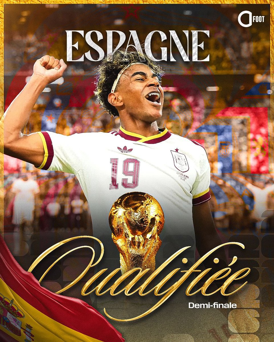 ActuFoot_'s tweet photo. 🚨🚨 OFFICIEL ! L'ESPAGNE 🇪🇸 SE QUALIFIE POUR LES DEMI-FINALES DE LA COUPE DU MONDE !!! ✅

LA DERNIÈRE FOIS, C'ÉTAIT EN 2010... ET LES ESPAGNOLS AVAIENT ÉTÉ CHAMPIONS DU MONDE À LA FIN. 🏆 https://t.co/AT5rHZEKrA