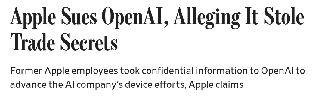 AndrewCurran_'s tweet photo. Apple is suing OpenAI, and alleges two former Apple employees who are now at OpenAI stole trade secrets to help develop competing hardware devices. Jony Ive is not named in the lawsuit. https://t.co/pr4w5Hus5A