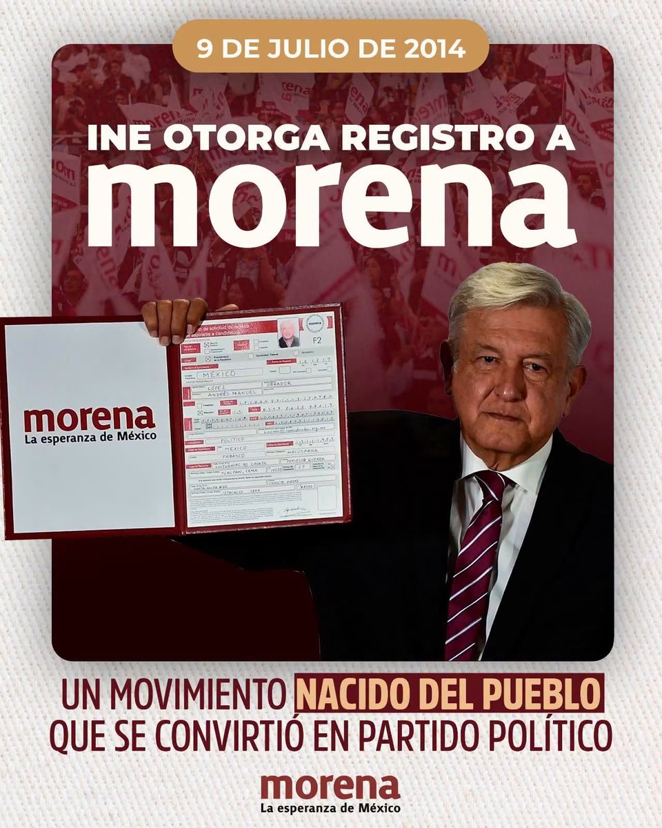 diazpol's tweet photo. El 9 de junio de 2014, el INE aprobó el registro de Morena como partido político. Fuimos testigos del momento y así lo celebramos con el entonces presidente del CEN Martí Batres, la secretaria general Bertha Luján, el secretario de organización Tomás Pliego, la actual Jefa de Gobierno Clara Brugada y otros queridos compañeros. Al cumplirse los 12 años del acontecimiento lo celebra nuestro actual Comité Ejecutivo Nacional, encabezado por nuestra querida presidenta nacional Ariadna Montiel. ¡Nuestro partido sigue adelante en su misión transformadora!