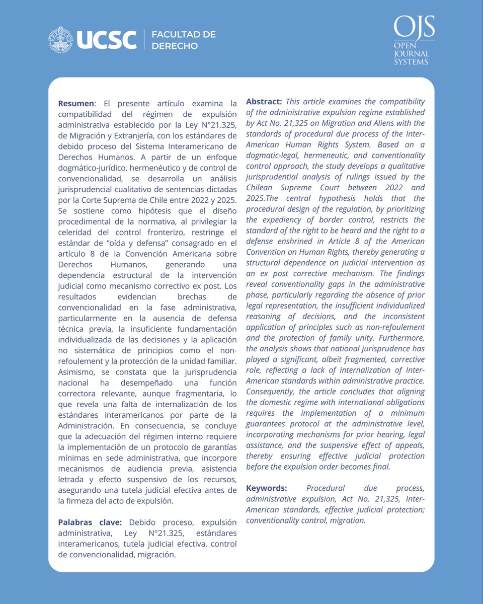 RevistaDUCSC's tweet photo. 📚Compartimos con toda la comunidad el cuarto artículo de la Edición 48 de la Revista de Derecho de la Universidad Católica de la Santísima Concepción, titulado “Debido proceso y expulsión administrativa: Análisis de la Ley Nº21.325 frente a estándares interamericanos”, año 2026. https://t.co/a7hB8b34Wk