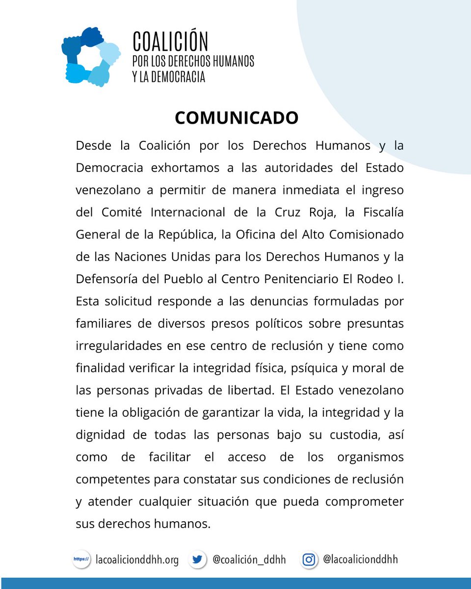 Coalicion_ddhh's tweet photo. #ALERTA  Hacemos un llamado a las autoridades a atender las denuncias de familiares ante la situación de los presos políticos en el Rodeo 1 con motivos de las réplicas del Doblete Sísmico el #24J. Así como, reiteramos el llamado a la liberación inmediata de las personas detenidas https://t.co/SI3NT2xwFP