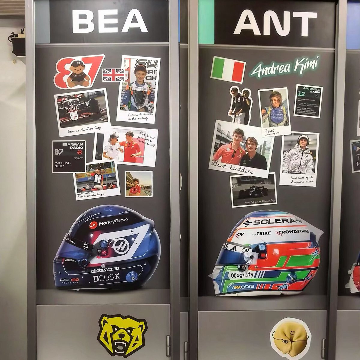 forzasempres's tweet photo. singapore grand prix putting photos of bearnelli on each of their driver lockers awww 🥹❤️ ollie’s photo of them is from singapore 2024, kimi’s photo of them is from spa 2024! https://t.co/YnotBs2Cxz