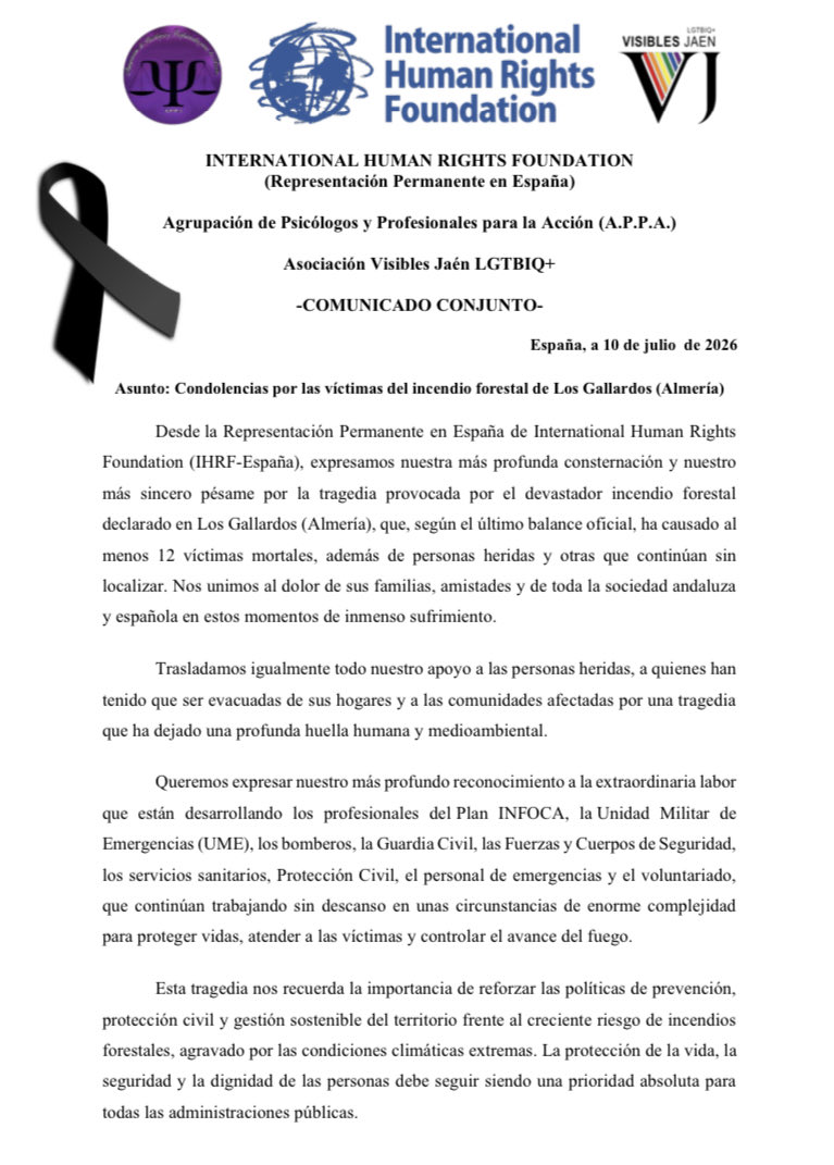 LuisIus82's tweet photo. Expresamos nuestra más profunda consternación y nuestro más sincero pésame por la tragedia provocada por el devastador incendio forestal declarado en Los Gallardos (Almería). ◼️

@IHRF_English @IHRF_Espanol 

#DerechosHumanos #España #Almería #LosGallardos #IncendioForestal https://t.co/39sRLzFABQ