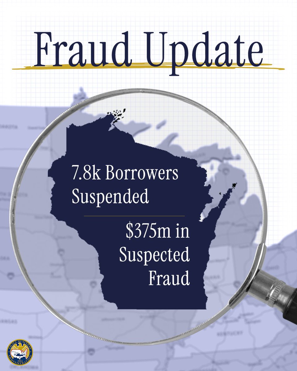 SBAgov's tweet photo. We are going state-by-state to hold PPP fraudsters accountable with @WHFraudTF.

This week, @SBA_Kelly announced our latest actions in Wisconsin. In total, we have now identified $10 billion in suspected fraud – and suspended over 150,000 borrowers. https://t.co/rzub0Tat3i