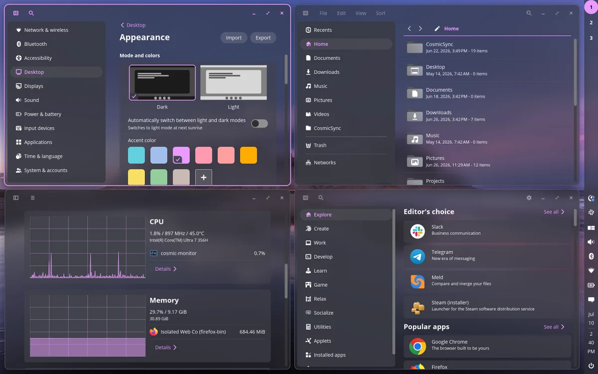 Desktop environment screenshot showing Appearance settings with Dark mode selected and accent color tiles, a file manager Home list on the right, and system monitor and app store panels below, demonstrating a customized dark-themed desktop layout and UI customization options.