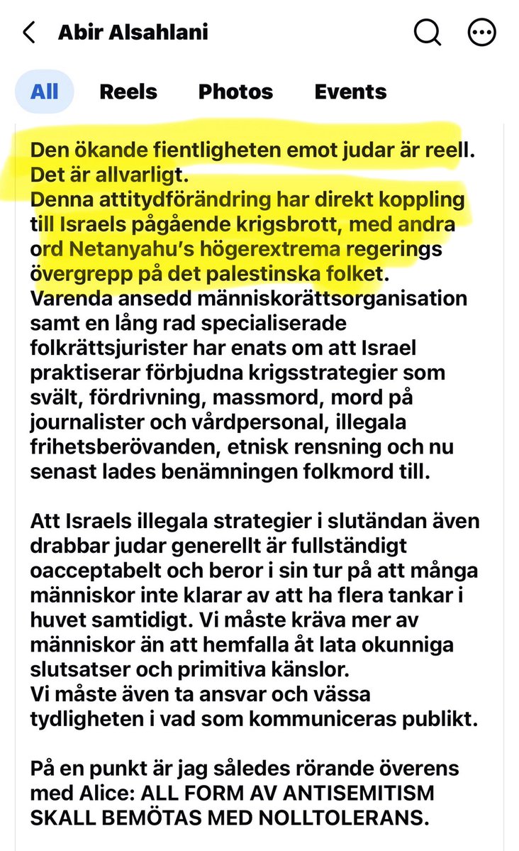 drdanielschatz's tweet photo. Abir Al-Sahlani delar en text av Lisa Nilsson som demoniserar @alicemedce och anklagar henne för islamofobi på ytterst svaga och obelagda grunder.

Än mer anmärkningsvärt är att texten hävdar att den ökande fientligheten mot judar har en direkt koppling till vad skribenten beskriver som Israels övergrepp mot palestinier. Det är ett resonemang som riskerar att flytta fokus från förövaren till en yttre förklaring och därmed reproducerar en av de äldsta mekanismerna bakom antisemitism.

Logiken är lika absurd som att hävda att kvinnor bär ansvar för våldtäkter som begås mot dem. Antisemitism uppstår inte därför att judar existerar eller därför att man ogillar en viss israelisk regering. Antisemitism är ett ansvar för den som hyser, uttrycker och sprider den.

Att en ledande centerpartist väljer att sprida denna typ av argument är därför inte bara beklagligt. Det bidrar till att normalisera en retorik där växande judehat förklaras med Israels agerande snarare än med antisemitiska idéer och aktörer. Det är en farlig utveckling som borde mötas med betydligt större eftertanke än vad som verkar vara fallet här.