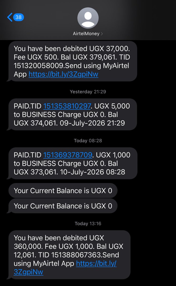 MaleAdvocate28's tweet photo. Dear @Airtel_Ug 
With due respect, kindly bring back my money. I didn’t withdraw any money today only to get a message saying “You have been debited UGX 360,000. Fee UGX 1,000. Bal UGX 12,061. TID 151388067363”

And have been trying to reach out you guys are not helpful or even picking your customer care phone. I don’t know if it’s your workers who steal us but please 

Mumpe sente zange🙏