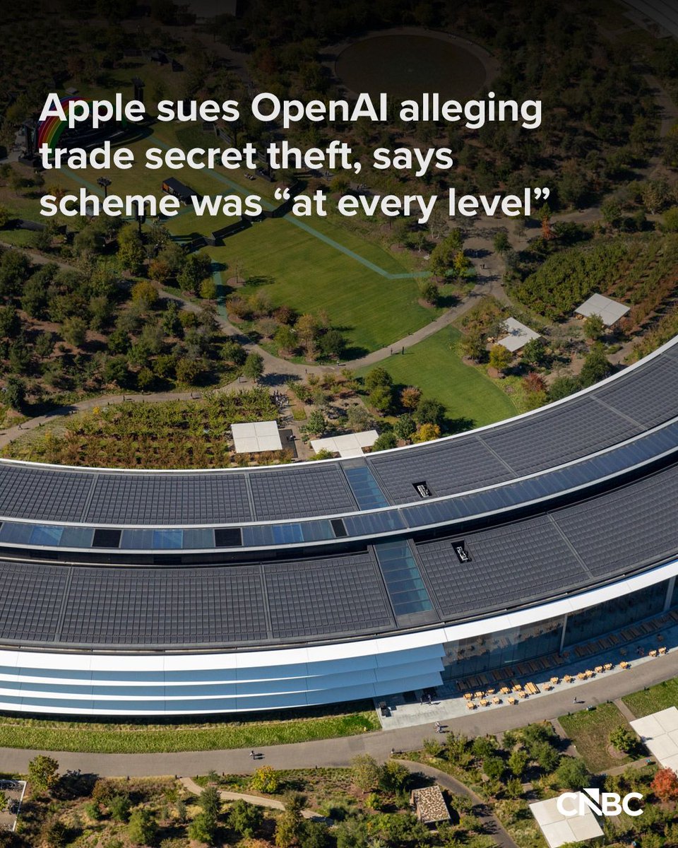 CNBC's tweet photo. Apple on Friday sued OpenAI in federal court in Northern California, alleging trade secret theft, saying that the artificial intelligence lab took the iPhone maker’s intellectual property in order to develop its own consumer hardware.

Read the full story: https://t.co/v1RuxgG4MW https://t.co/ZIQPcOW6BV