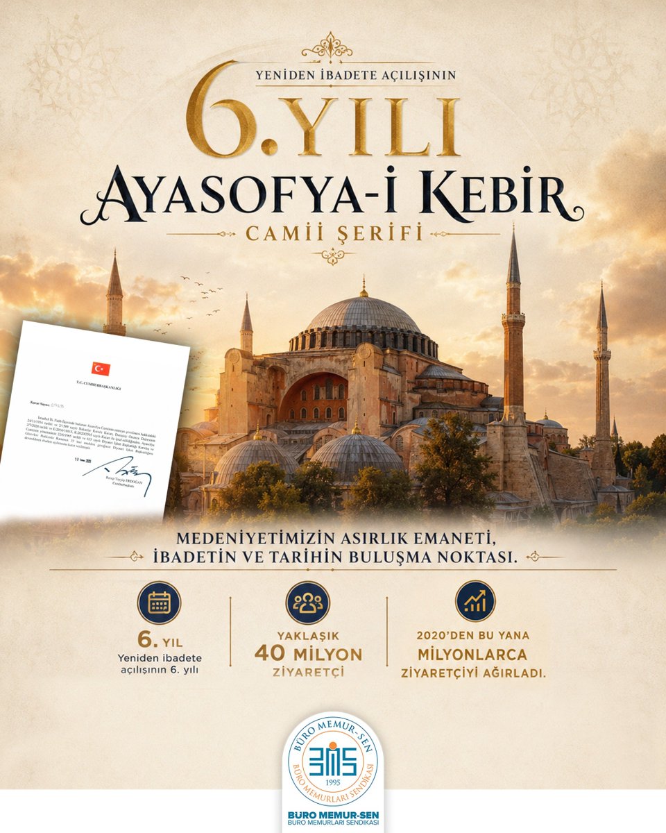 BuroMemurSen_'s tweet photo. Bugün, Ayasofya-i Kebîr Câmi-i Şerîfi’nin yeniden ibadete açılmasına ilişkin Cumhurbaşkanlığı Kararı’nın Resmî Gazete’de yayımlanmasının yıl dönümü…

Bu tarih, milletimizin iradesinin ve tarihine sahip çıkma kararlılığının tescillendiği önemli bir dönüm noktasıdır.

Ayasofya’da yeniden yükselen ezan, bağımsızlığımızın, egemenliğimizin ve medeniyet mirasımıza sahip çıkma irademizin güçlü bir nişanesidir.

Cumhurbaşkanımız Sayın @RTErdogan’a, milletimizin asırlık hasretini sona erdiren bu tarihî iradeyi ortaya koyduğu için şükranlarımızı sunuyor; Ayasofya  ebediyen cami olarak kalacaktır.

#Ayasofya #Milletinİradesi #10Temmuz