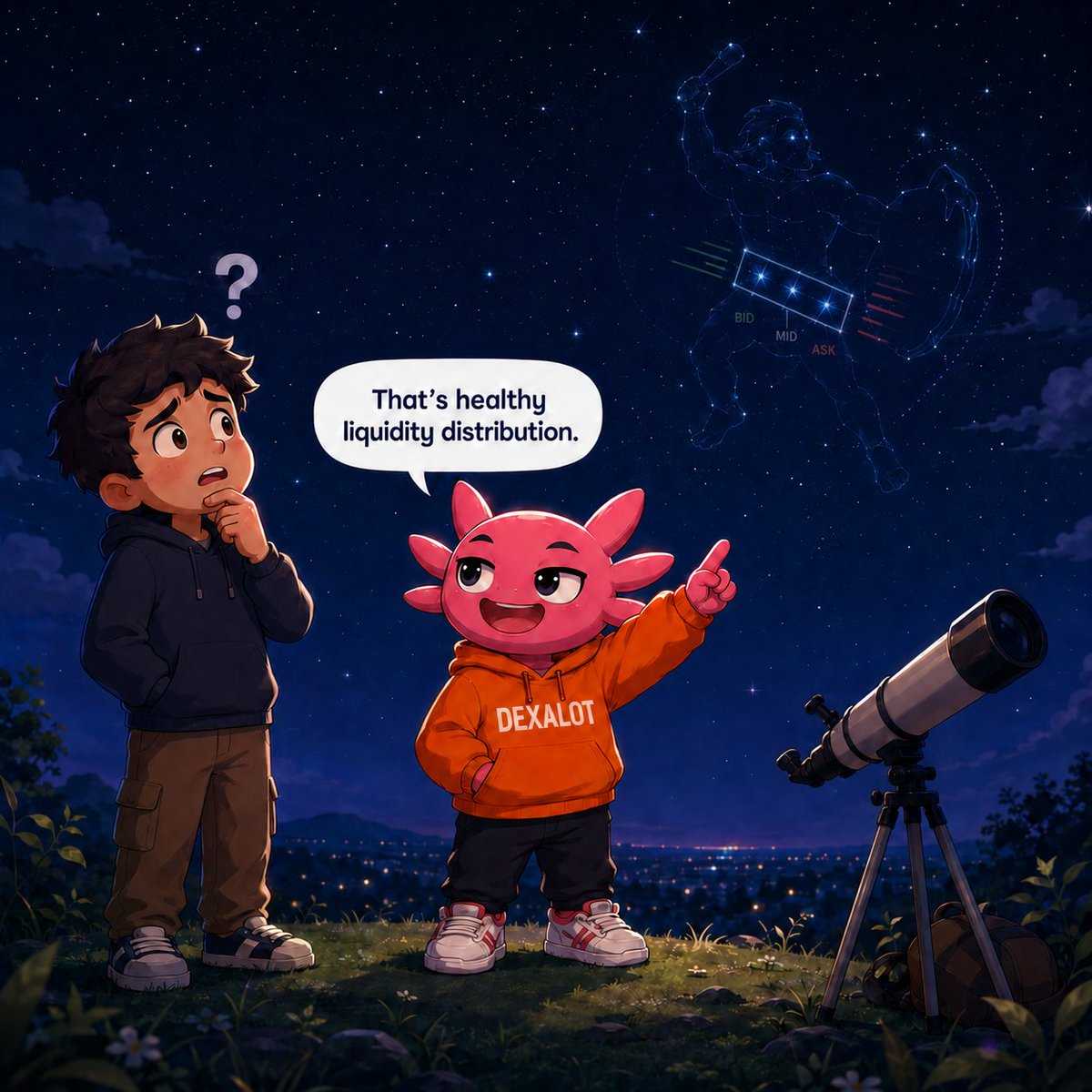 dexalot's tweet photo. Dextr tried stargazing last night.

Spent 20 minutes identifying constellations.

Then another hour explaining to a confused stranger why Orion's Belt looks like "healthy liquidity distribution." https://t.co/TLTK8iBe2c