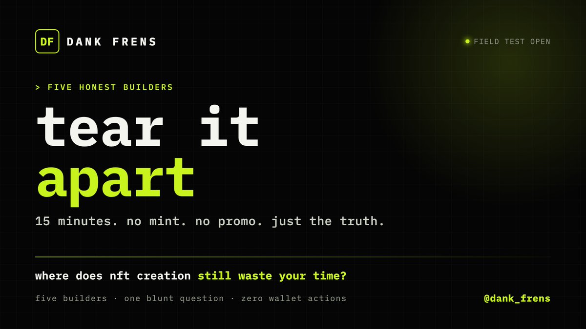 dank_frens's tweet photo. we are looking for five nft builders to tear apart the dank frens creation flow.

no mint.
no promo.
no wallet action.

just 15 minutes and one blunt question:

where does creating an nft collection still waste the most time?

the answers will decide what we fix next. https://t.co/5zxhuJUYb3