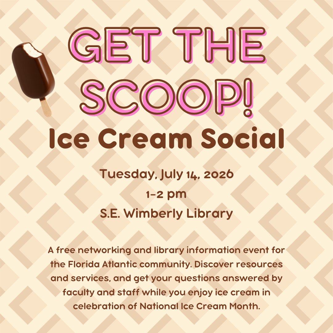 FAULibraries's tweet photo. 🍦 Get the Scoop! Join us for ice cream, networking, and discovering everything your library has to offer! Test your knowledge with Kahoot!, meet special guest, the Writing Center, win giveaways, and celebrate National Ice Cream Month.

Tuesday, July 14
1–2 pm
Library Lobby https://t.co/4kvqjPXQMJ