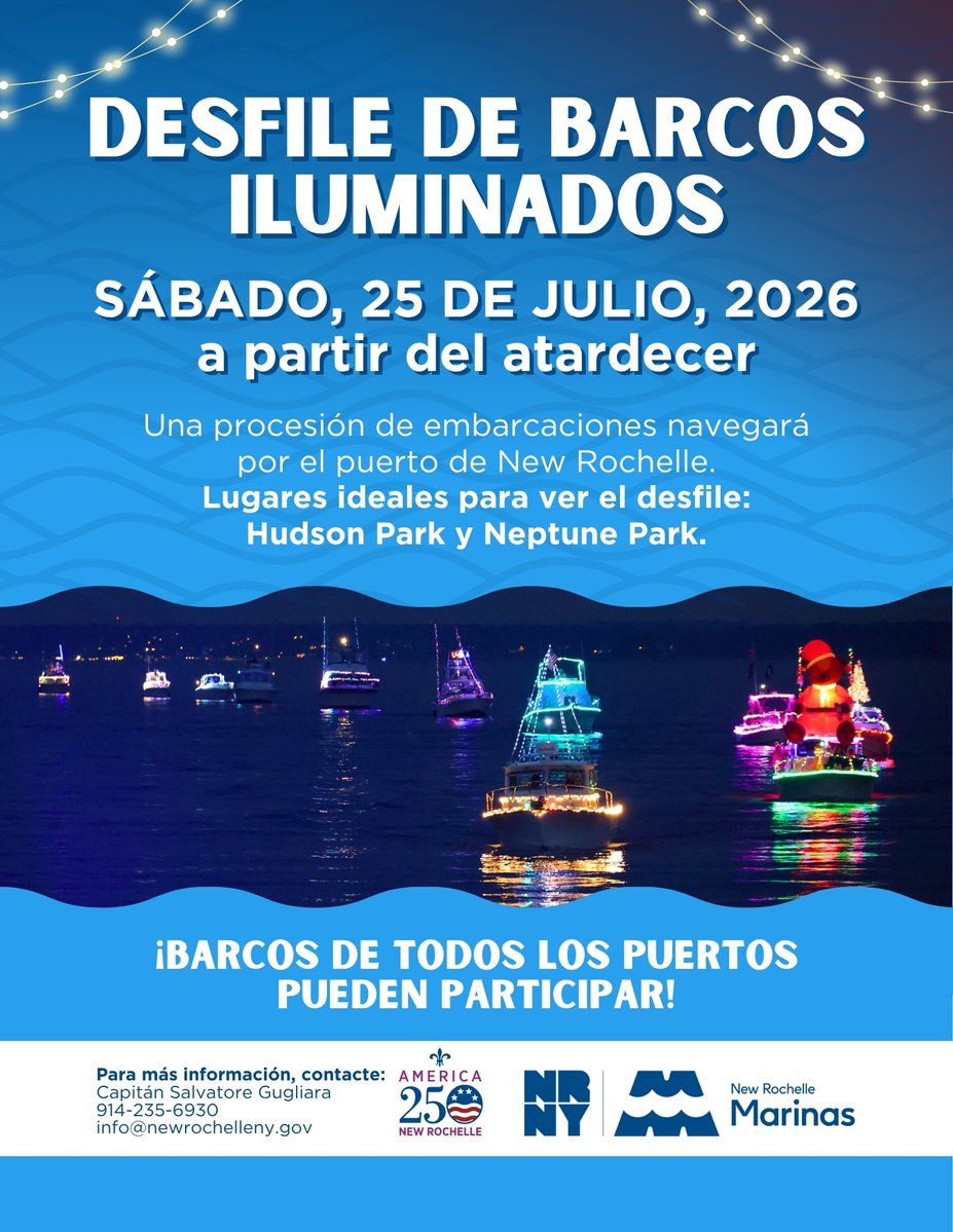 NewRochelleNY's tweet photo. When the sun goes down, the boats light up! 🛥️✨

The Lighted Boat Parade sets course through our harbor Saturday, July 25, after sunset.

Grab a spot at the Hudson Park Sundeck or Neptune Park to watch the bright boat procession glide into the night! https://t.co/pwftK2xxJ9