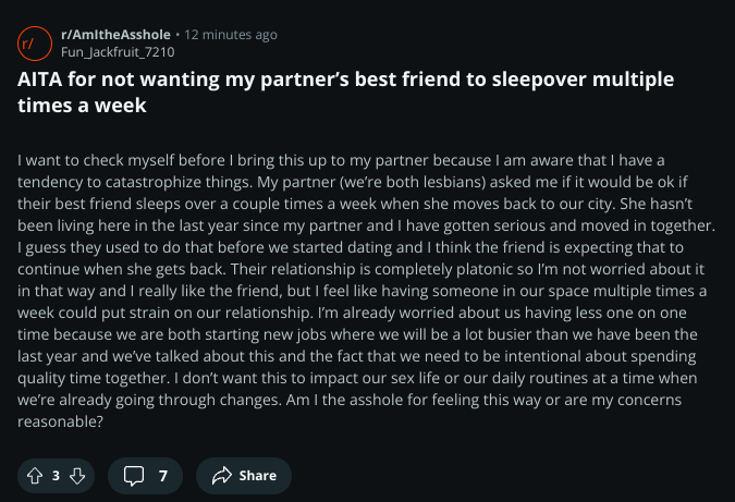 AmITheAssholeX's tweet photo. AITA for not wanting my partnerโs best friend to sleepover multiple times a week
#aitah #amitheasshole #advice https://t.co/Rcab7ZkBYA