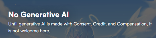 Chibiisaurus's tweet photo. Vgen might as well remove this. Why? Because when you report an account for using gen AI, they get suspended for a week or two,  "Remake" it claiming that it no longer uses gen AI, then they delete the old one from their portfolio / socials and go about business as usual. @_VGen_  If you are "No Gen AI" and an account is caught using Gen AI, they should be permanently banned, No longer allowed on the platform. Not given a slap on the wrist, and then go about business as normal.