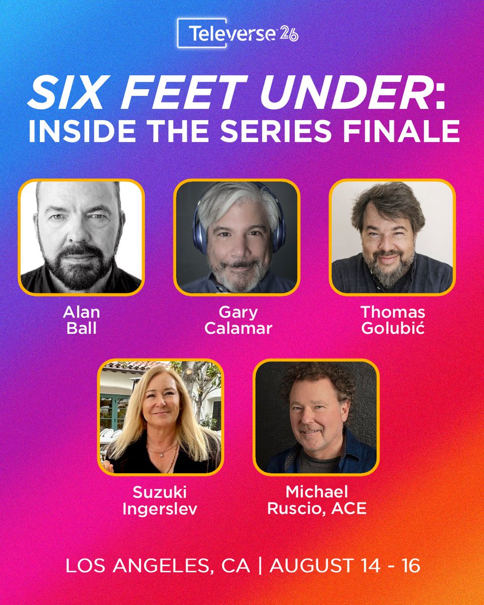 TeleverseFest's tweet photo. NEW AT TELEVERSE 26 ⭐️ 25 years since Six Feet Under ended, the people behind the 9-time Emmy-winning dark comedy are bringing the iconic finale to Televerse 26 with a special screening and conversation.

🎟️ Get your 3-day Televerse 26 passes NOW at https://t.co/eCQwp02xXI https://t.co/LXDB1LO6OW