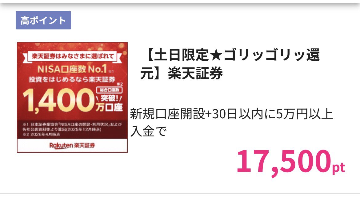 weeds611's tweet photo. ＼新NISAに必須／口座開設まだの方はちょっと待って！
今、ハピタスがヤバい…✨

全部やれば59,000円−！😳👏
✅SBI証券（21,000円）
✅楽天証券（17,500円🔥）
✅マネックス証券（11,000円）
✅旧auカブコム証券（9,500円）
もちろん、開設無料👍
お得な開設リンクはリプ欄にあります↓ https://t.co/sM0YapgoGR