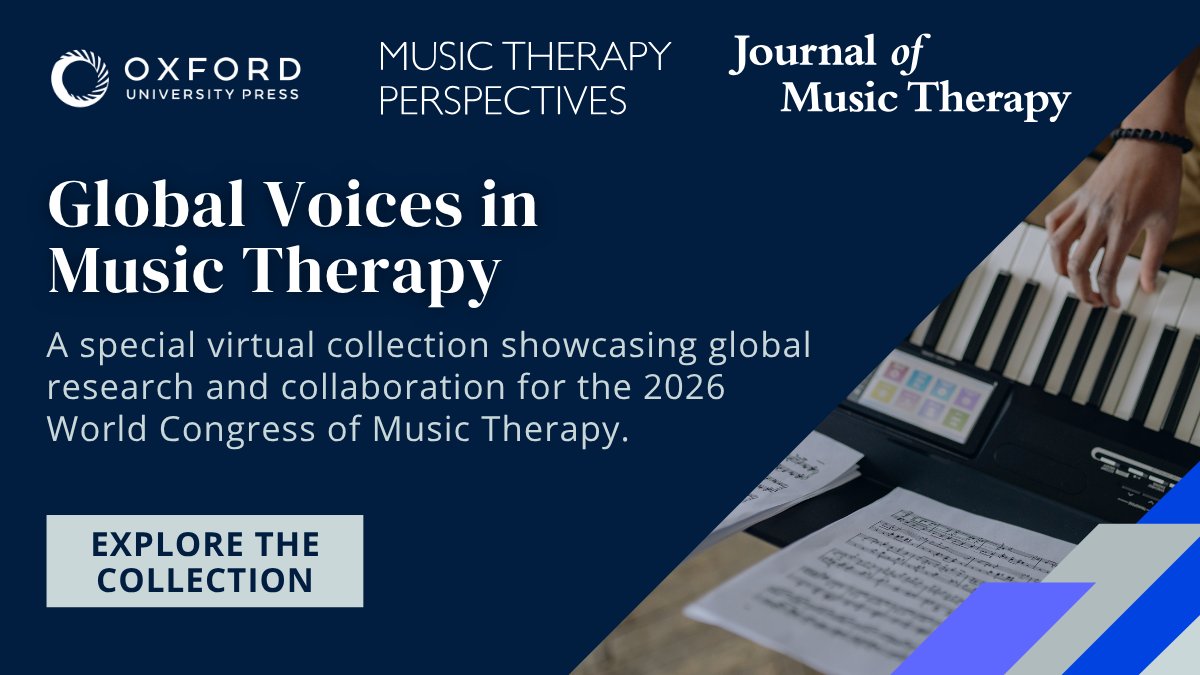 OUPAcademic's tweet photo. Global voices. Shared knowledge. Meaningful impact.

Explore a special virtual collection from @AmtaResearch celebrating the 2026 World Congress of Music Therapy.

📖 Read now: https://t.co/CpUewdsn2w 

#MusicTherapy #WCMT2026 https://t.co/A3yrIAPF1j