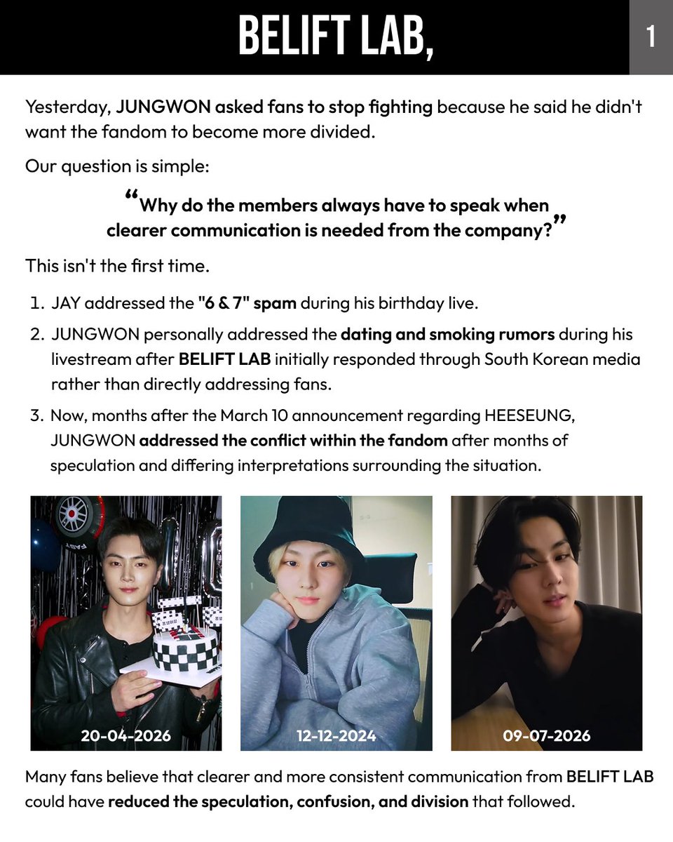 ENHIGHWAY1130's tweet photo. Communication matters.
We hope @BELIFTLAB communicates more clearly and consistently so ENHYPEN's members no longer have to address situations that should be explained by the company.
#ENHYPEN #ENGENE #BELIFTLAB #HEESEUNG #JUNGWON #JAY https://t.co/sSgeaB8htB