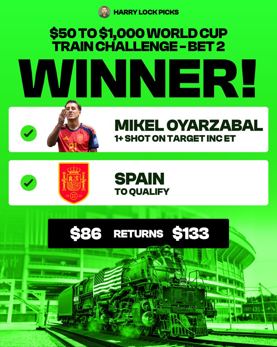 HarryLockPicks's tweet photo. 💥 BOOOOOOOMMMMMMM 💥

BET 2 OF THE $1,000 LOCK TRAIN CASHED!

Smash ❤️ if you want Bet 3 tonight!

Mikel Merino coming up clutch… AGAIN 🇪🇸 https://t.co/lizX4JD3YB