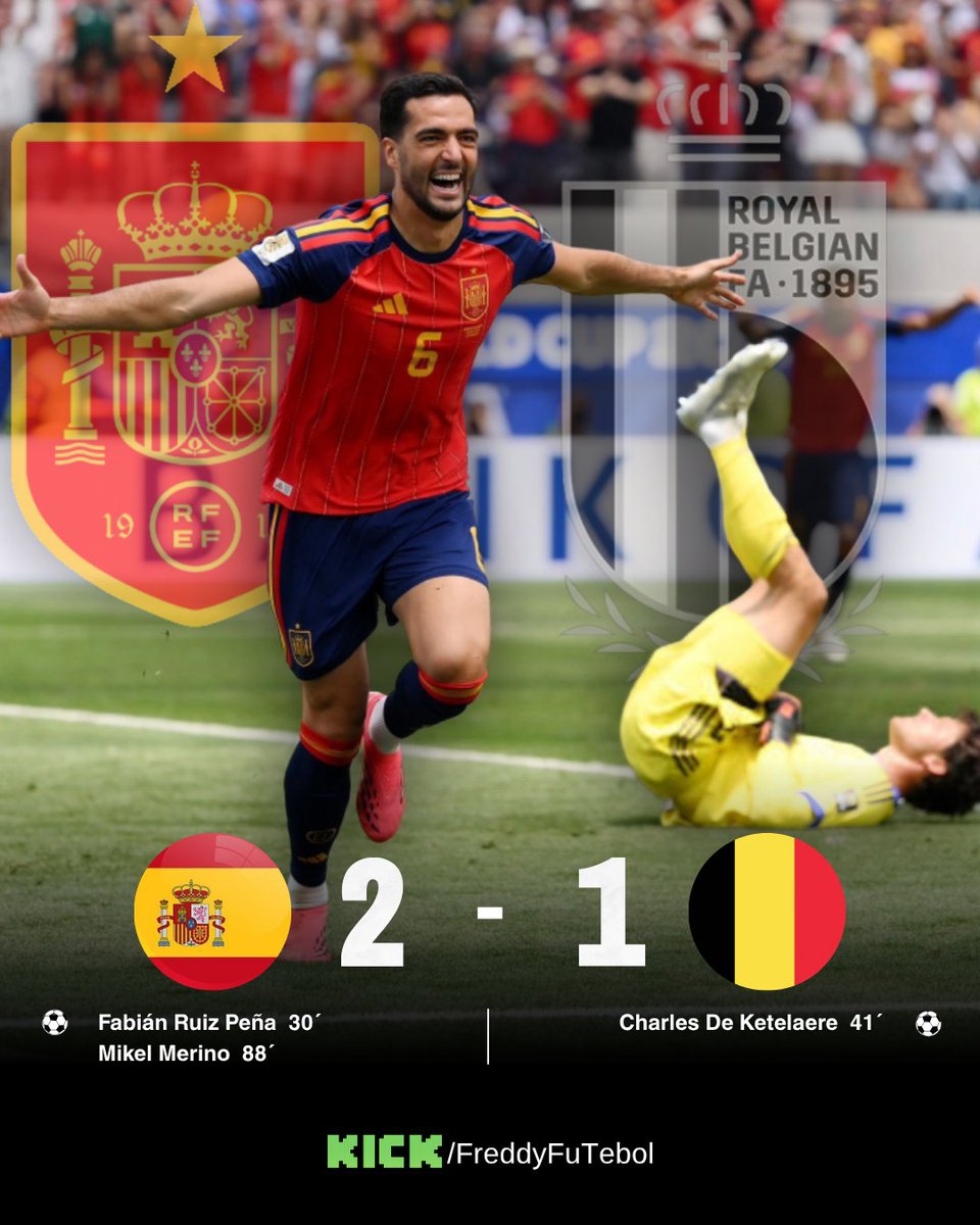 freddyFuTebol's tweet photo. 🇪🇸 ¡ESPAÑA ELIMINÓ A BÉLGICA Y YA ESTÁ EN SEMIFINALES! 

⚽Fabián Ruiz abrió el marcador, De Ketelaere empató y Mikel Merino, otra vez al 88', aprovechó un error del arquero belga para darle el 2-1 a España.

👀 ¿España convence o simplemente sabe ganar?

#Mundial2026 #España https://t.co/KtGpYSpMh1