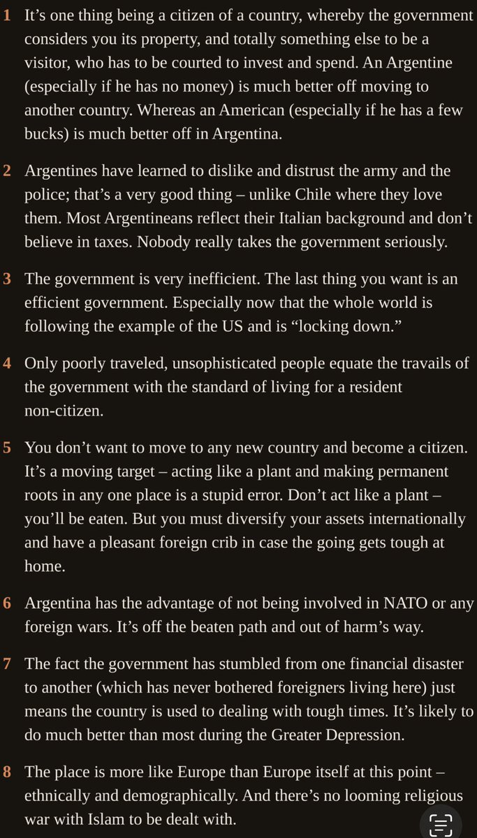 bronzeagemantis's tweet photo. good info to frends on protecting your personal freedom

8 simple points from old article about Doug Casey and libertarian expats in Argentina …simple but always stuck with me…especially re modern states treating you much better as a visitor than citizen. Expat life freer https://t.co/YUs8H3xKQ7