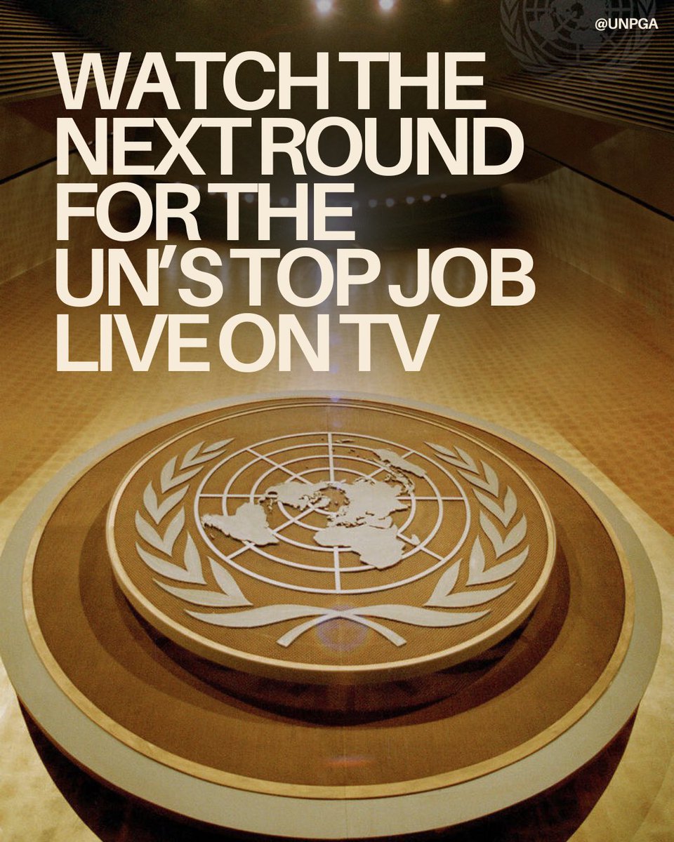 UN_PGA's tweet photo. On 23 July at 5pm EDT, a UN Town Hall with candidates for UN Secretary-General will take place in the General Assembly Hall. 
Candidates will explain why they want to become the UN’s next Secretary-General and discuss how to solve today’s challenges. 
More details on participation and how to watch will be shared soon.