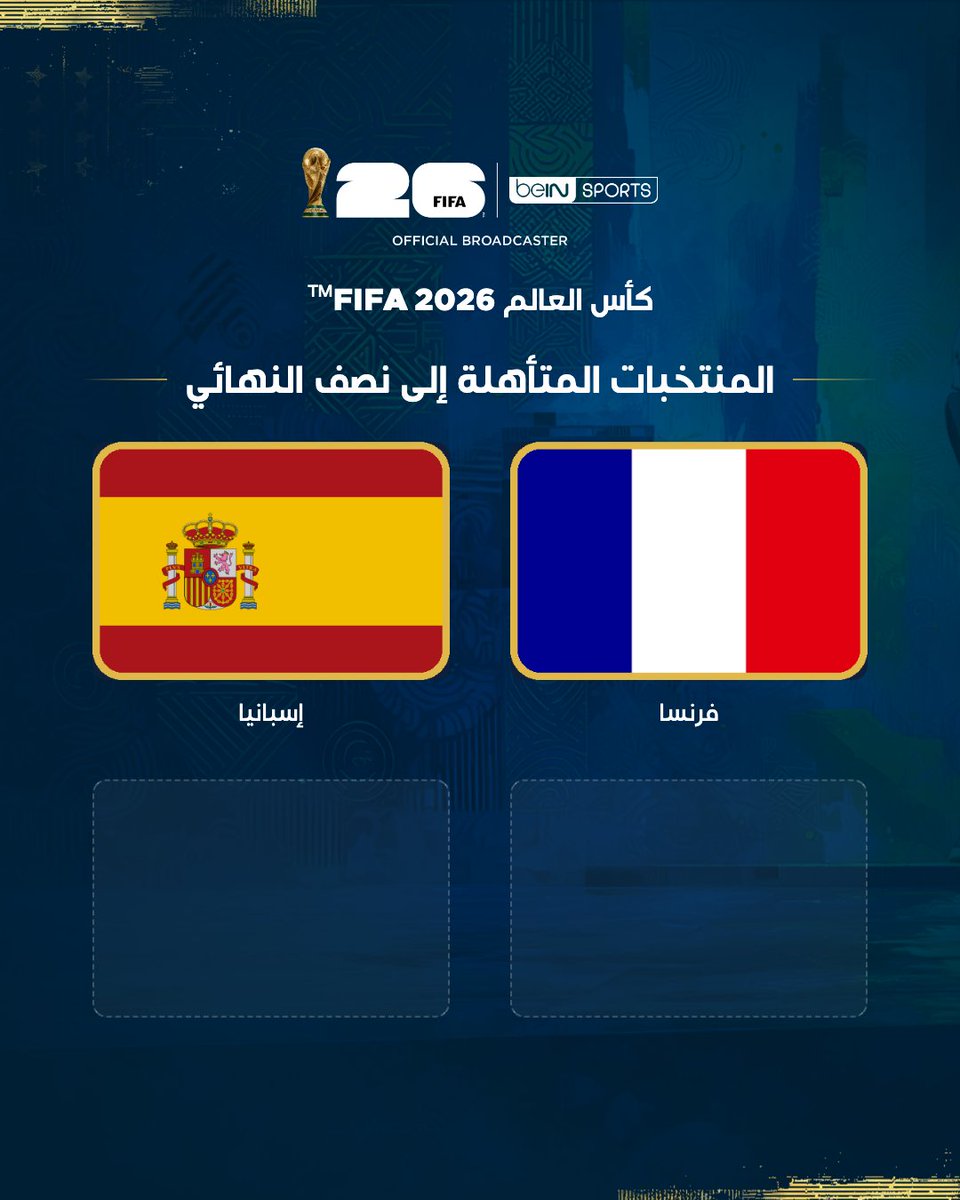 beINSPORTS's tweet photo. ⌛️ 2/4
🇪🇸 المنتخب الإسباني ثاني المتأهلين إلى الدور نصف النهائي ✅

#كأس_العالم2026 https://t.co/BgBzCqD6TO