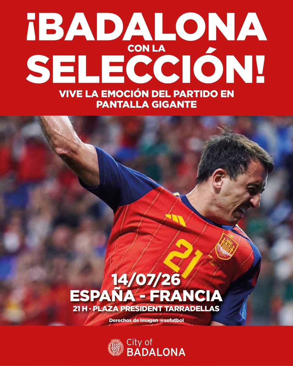 Albiol_XG's tweet photo. ⚽️ ¡Vive la semifinal del Mundial de fútbol entre España y Francia con la pantalla gigante del Ayuntamiento de #Badalona! 🇪🇸 Ven a animar a la selección el próximo martes a las 21h en la plaza del President Tarradellas. 😃🙌🙌 https://t.co/6RM4uUTieA