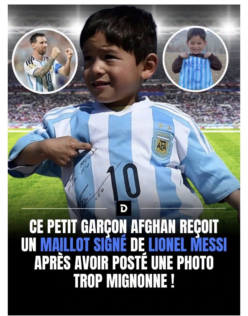 Jpm_lemax's tweet photo. Après avoir appris l’histoire de ce petit afghan qui avait fabriqué un maillot de Messi en sac plastique, The Goat lui avait fait parvenir via UNICEF, deux maillots et un ballon signés « Avec toute mon affection » https://t.co/6vOcxaJM4h