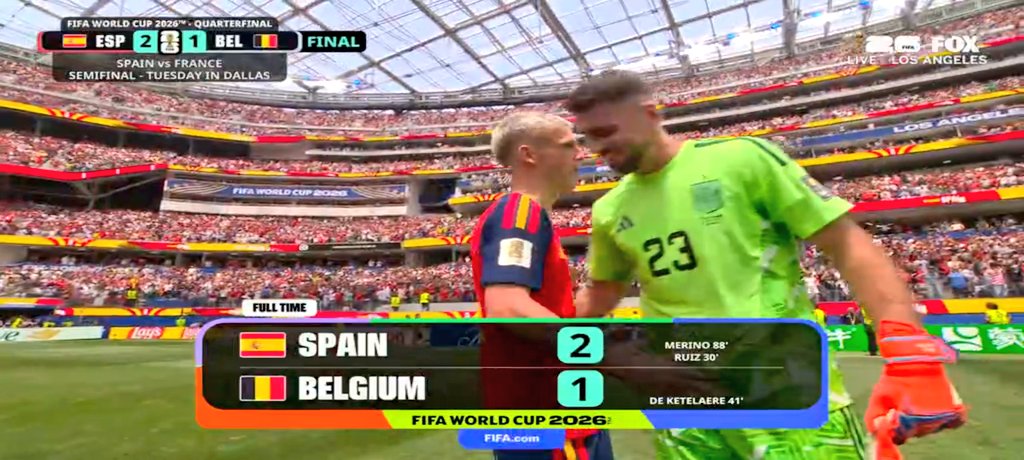 usmann_khann's tweet photo. Spanish Team Throw to the Semi Final as they beat Belgium 2-1. Merino Goal proved to be the Game changer in 88 Minute. Heartbreak for Belgium Fans and Jubilation for Spain as they set semi final clash with France 
#Spain #FIFA26 #Belgium https://t.co/rS3gOYfkWG